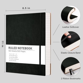 RETTACY Journaling Notebooks, A4 Lined Notebook Journal with 320 Pages, 8.5" × 11", Large Size, Notebook Journal for Work, School, Writing, Leather Softcover, 100 GSM Thick Paper (Black)