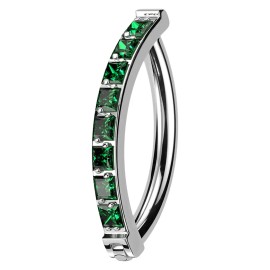 Satix 14G Hinged Clicker Belly Button Ring CZ Titanium Reverse Navel Hoop 3/8" 10mm - Silver - Dark Green CZ