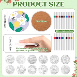 Potchen 12 Pcs Color Your Own Coaster Ceramic DIY Kits for Adults Absorbent Drink Coasters with Cork Base and 12 Markers for Adult Home Table DIY Art Crafts Gift