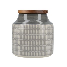 Mikasa Drift Ceramic Storage Canister for Tea, Coffee or Sugar, Hand Decorated Grey Batik Design, Wooden Lid, 12.5cmx12cm, 900ml