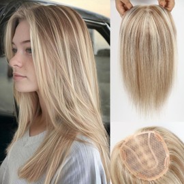 RSY Light Golden Blonde Hair Toppers for Women, 100% Real Human Hair Pieces for Women, 5"*5" Mono Top 14 Inch Clip in Extensions with No Bangs