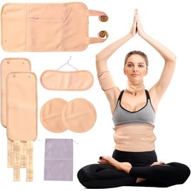 Castor Oil Pack Wrap, 7Pcs Reusable Organic Castor Oil Pack Kit, Adjustable Elastic Straps for Neck Chest Waist Knee, Machine Washable Castor Oil Compress Pads, Anti Oil Leak (Oil Not Included)(Khaki)