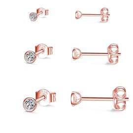 Gulicx 3 Pairs 925 Silver Rose Gold Stud Earrings Set for Women Girls, Hypoallergenic Stering Silver Round Cubic Zirconia Simulated Diamond Stud Earrings, Small Sleeper Cartilage Studs,Size:2,3,4mm