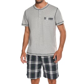Sykooria Cotton Pajamas Shorts Set for Men Short Sleeve Henley Pajamas Set Soft Comfy Nightwear With Pocket Light Grey S
