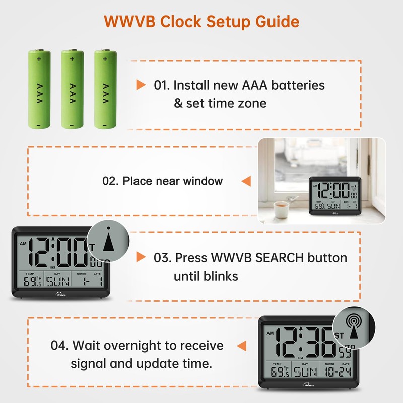 WallarGe Atomic Digital Wall Clock Battery Operated, Self-Setting, Large Display
