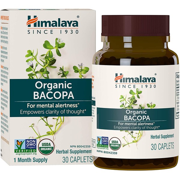Himalaya Organic Bacopa Monnieri / Brahmi, Nootropic Brain Supplement Booster for Mental Sharpness, Focus, Memory, and Cognitive Wellness, 750 mg, 30 Caplets, 1 Month Supply