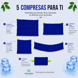 PHALARIS Kit de 5 Compresas de Semillas con Aromaterapia para Microondas y Congelador Almohadillas Térmicas Frío y Calor para Fisioterapia, Alivio de Dolor Lumbar, Espalda y Cuello Azul Rey