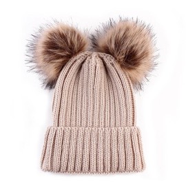 Women Winter Chunky Knit Double Pom Pom Beanie Hats Cozy Warm Slouchy Hat, Khaki, One Size