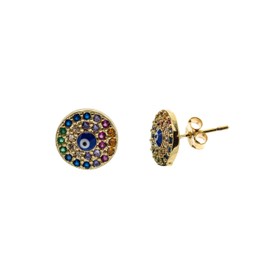 Stud Earrings with Evil Eye and Chakra Colored Faceted Glass Stones Set in 14k Gold Plated Metal Disks
