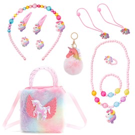 FOSDICK Unicorn Bag, Plush Unicorn Bags for Girls, Girls Bag with Jewelry Set, Necklace Bracelet Rings Earrings Hair Clips Keychain Dress Up Accessories, unicorn gifts for girls 3 4 5 6 7 8 Year Old