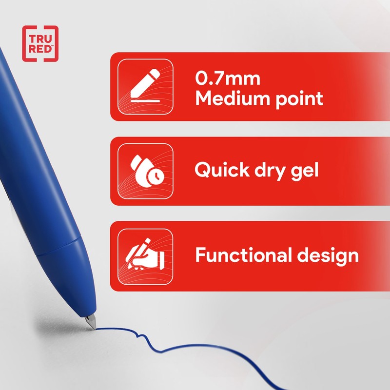 TRU RED Retractable Gel Pens, Medium Point 0.7mm, Blue Ink,