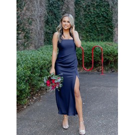 DAAWENXI Women's Summer Sexy Strapless Satin Tube Bodycon Midi Dress Side Slit Cocktail Party Long Dresses Navy
