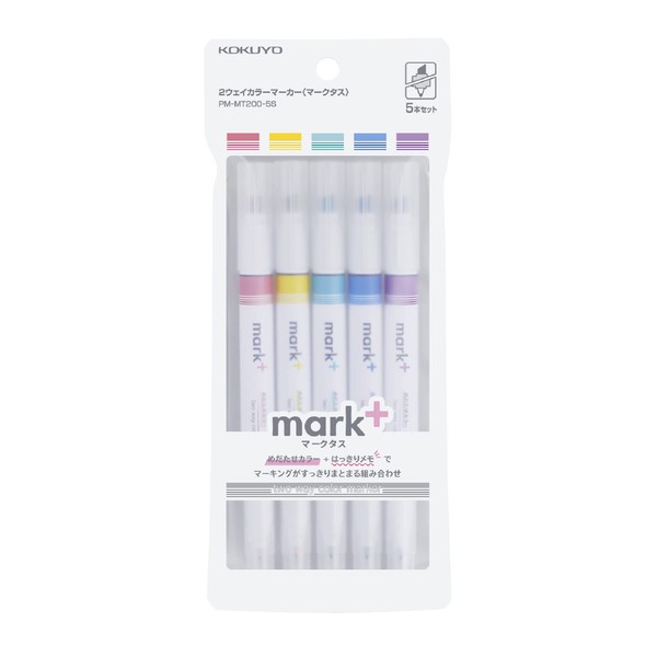 KOKUYO Mark+ Two Way Color Marker, 5-Pack(Pink, Blue, Green, Purple, and Yellow) PM-MT200-5S