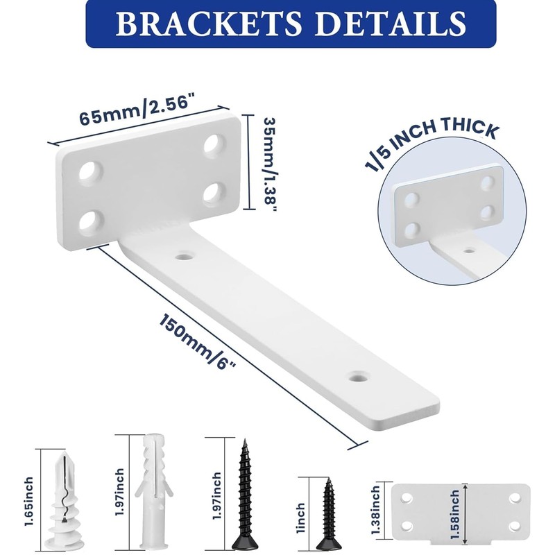 Alise Floating Shelf Brackets White,4 Pcs L Brackets for Shelves,6''