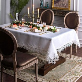 ARTABLE Rectangular Lace Fabric Tablecloth with Macrame Border Clear Embroidered Kitchen Tablecloths for Elegant Holiday Long Dinner Tables (White, Tablecloth 52" x 70")