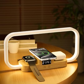 CRLL 3-in-1 Bedside Lamp with Wireless Charger & USB Port, Dimmable Table Lamp with 5 Colours & Touch Control, Charging Station for AirPods & Watch & Smartphone, Imitation Wood Grain
