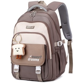 Makukke School Backpack Teenager School Bag Girls 5th Class 30L Storage Space School Bag Waterproof Backpack School Casual Children's Backpack with Cute Pendant, khaki, Daypack Backpacks