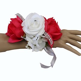 Angel Isabella Wrist Corsage-Keepsake Artificial Roses Hydrangea Large Wrist Flower Flower Prom Dance Graduation Events (Hot Pink White)