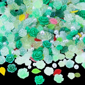 400 Pieces Camellia Flower Nail Charms for Acrylic Nails 3D Rose Floral Nail Gems Pink Leaf Nail Accessories White Pearls Nail Supplies for Women Nail Art Design (Green)