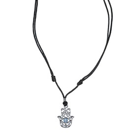 BlueRica Hamsa Hand of Fatima on Adjustable Black Cord Necklace, Cotton