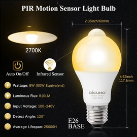 DiCUNO - Bombillas con sensor de movimiento para exteriores, equivalente a 60 W, foco LED de seguridad activada por movimiento del anochecer al amanecer, foco con sensor de movimiento corporal para