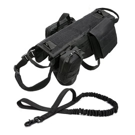 Tactical Dog Vest Harness Heavy Duty Dog Harness with 3 MOLLE Bags&1 Bungee Dog Leash