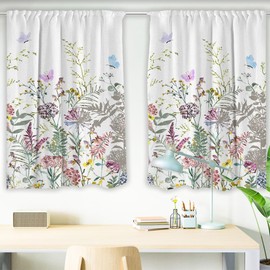 Lofaris Hello Spring Colorful Floral Kitchen Green Leaves Plant Farmhouse Sage Herb Small Wildflower Cafe Curtains for Living Room Bedroom Window Rod Pocket Window Fabric 2 Panels 27.5 x 39 Inch