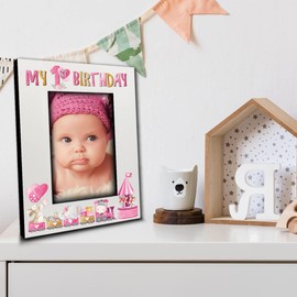 BELLA BUSTA-My 1st Birthday-Baby Boy, Baby Girl First Birthday-UV Print Wood Picture Frame (Girl, 5x7 Vertical)
