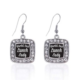 Inspired Silver - World's Best Lunch Lady - Silver Dangle Earrings for Women - Square Charm Earrings French Hook Drop with Cubic Zirconia - Women's Dangly Earrings Jewelry Gift