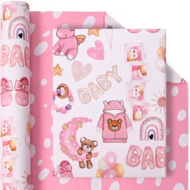 Dtiafu Reverible Baby Girl Wrapping Paper Roll Pink Gift Wrap Sheets with Baby Bear Unicorn Rainbow Princess Designs for Girls Wedding Neutral Baby Shower Birthday Party - Total 28.5sq.ft