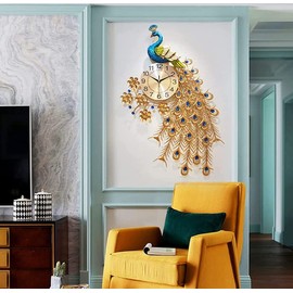 Three Star Large Peacock Wall Clock 36 inch Metal Design Non-Ticking Silent Art Wall Clocks for Living Room Decor