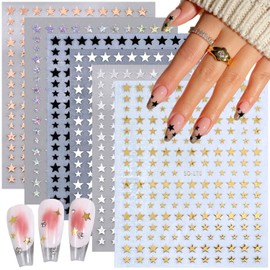 6 Sheets Gold Silver Nail Stickers 3D Shiny Stars Nail Art Stickers Decals Luxury Geometry Designs White Black Star Stickers DIY French Manicure Nail Tips Glitter Acrylic Nail Art Supplies for Women
