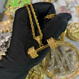 ICEDIAMOND 14K Iced Out Radiant CZ Diamond Dumbbell Design Pendant Necklace, Gold-Plated Full Cubic Zirconia Hip-Hop Jewellery for Unisex, Brass, Cubic Zirconia