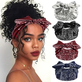 SAWINDA 4 Pcs Wide Headbands for Women Paisley Print Bow Hair Bands Non Slip Rabbit Ears Hair Bandana Exercise Stretchy Head Turban Workout Hair Warps Accessories