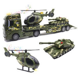Joysweetoy Green Military Truck Toy for Kids - 25.6’’ Large Army Semi Truck with Helicopter & Tank - 3 in 1 Friction Powered Army Vehicle with Lights & Sounds, Military Toy Gift for Boys Girls