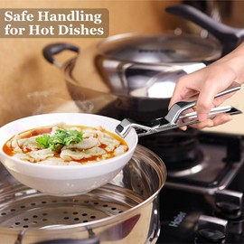 Stainless Steel Hot Plate Gripper Clips – Anti-Slip Pizza Pan & Bowl Tongs for Microwave, Oven, Air Fryer – Enhanced Grip with Reinforced Silicone Pads, Heavy-Duty for Deep Dishes & Curved Cookware