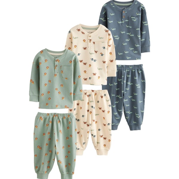 NEXT Oversized Fit Cotton Pyjamas Pack of 3, Blue/Ecru