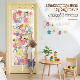 Teoon Stuffed Animal Storage Hanging Toy Organizer Over The Door Toy Storage with Metal Hooks and Support Bars for Kids Room or Nursery, White