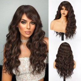 topshe Brown Wigs for Women 26 Inch Charming Synthetic Natural Wavy Wig with Bangs Heat Resistant Hair for Daily Party Use