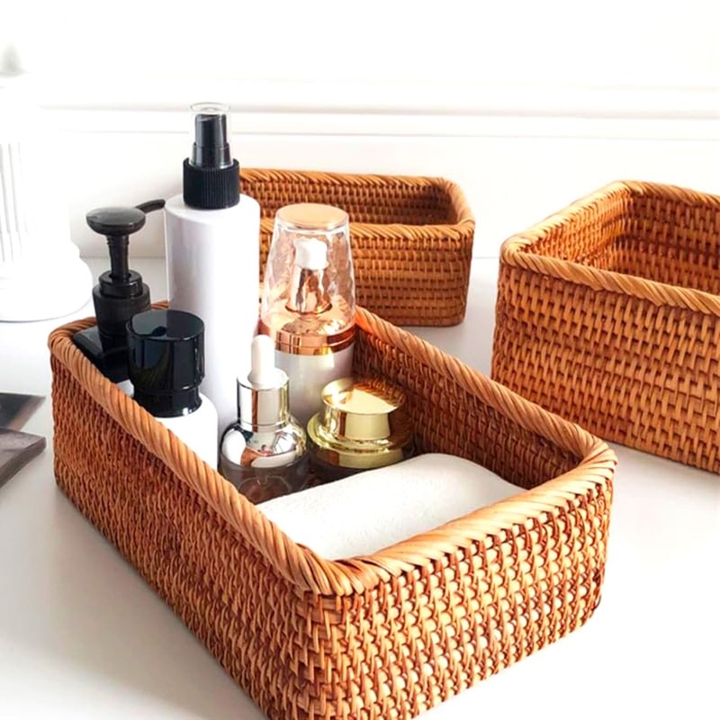 Natural Rattan Storage Baskets Set of 3 - Handwoven Wicker