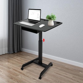 Height Adjustable Desk Mobile Workstation Lectern with Open Drawer, Computer Table Stand Up Desk Craft Cart with Wheels, Laptop Stand Foot Pedal Rolling Desk for Classroom Office, 31.5 * 22 in (Black)