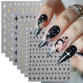 8 Sheets Star Nail Decals for Nail Art Black White Gold Silver Stars Nail Art Stickers 3D Self-Adhesive Celestial Nail Stickers for Women Acrylic Nails Decoration DIY Manicure Nails Supplies