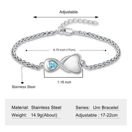 Heart Urn Bracelet for Women Ininfity Cremation Jewelry for Ashes Bracelet Keepsake Memorial Lockets for Human Ashes (Silver-Light Blue)