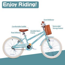 JMMD Girls Bike Ages 4-12 Years Old, Kids Bike for Toddlers with Basket, 12 14 16 18 20 24 Inch Kids Bicycle with Handbrake & Kickstand, Mint