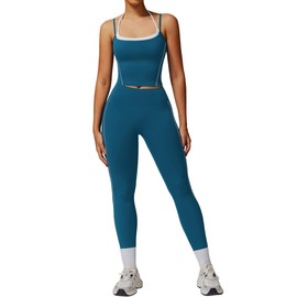 Womens Workout Sets Two Piece Spaghetti Straps Back Tank Top Matching Tummy Control High Waist Leggings Set 2 Piece For Women Gym Yoga Active Wear Outfits Athletic Work Out Clothes Green Blue L