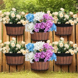 Layhit 6 Pcs Wall Hanging Planters Outdoor Pot Planter Wine Barrel Planter Distressed Oak Thickened Plastic Water Storage Flower Pots for Flower Indoor Outdoor(13.78 Inches,Brown)