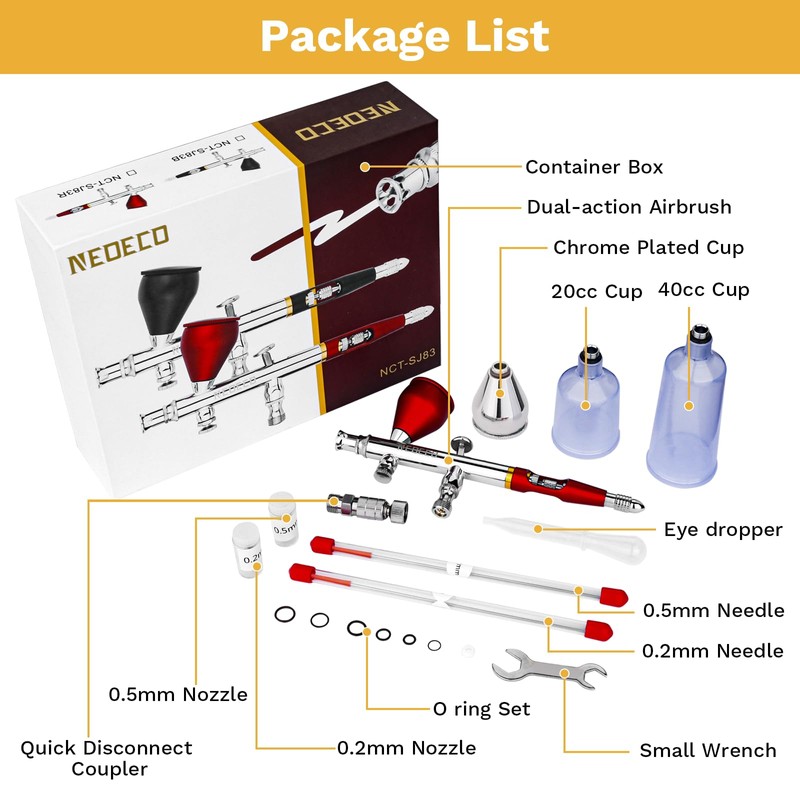 NEOECO SJ83 Airbrush, Self-Centring Plug-in Nozzle，0.2, 0.3 & 0.5mm Nozzle