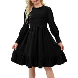 Yoklass Black Dress for Girls Ruffle Round Neck Puff Sleeve Knee Length School Dresses