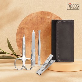 nippes Solingen Premium Line Tabard Manicure Set, 4 Pieces, Black, Stainless Steel, Nickel & Rust-Proof, Cowhide Leather Nail Case, Nail Care Set, Made in Germany