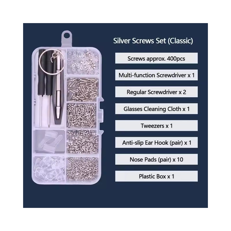Assorted Eyeglass Repair Kit with Screws, Nose Pads, Screwdrivers and